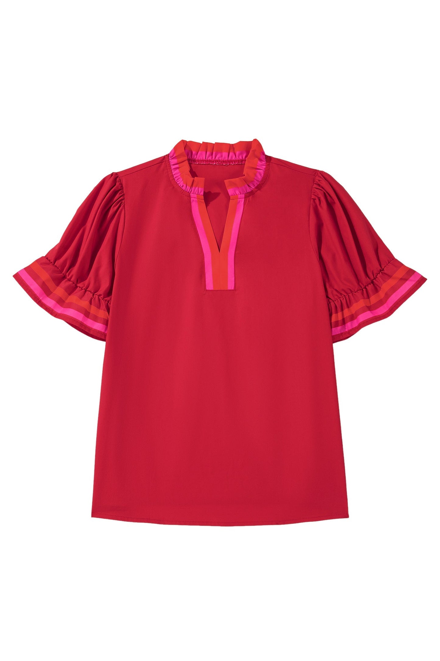 Fire red striped blouse with ruffled collar and short puffed sleeves