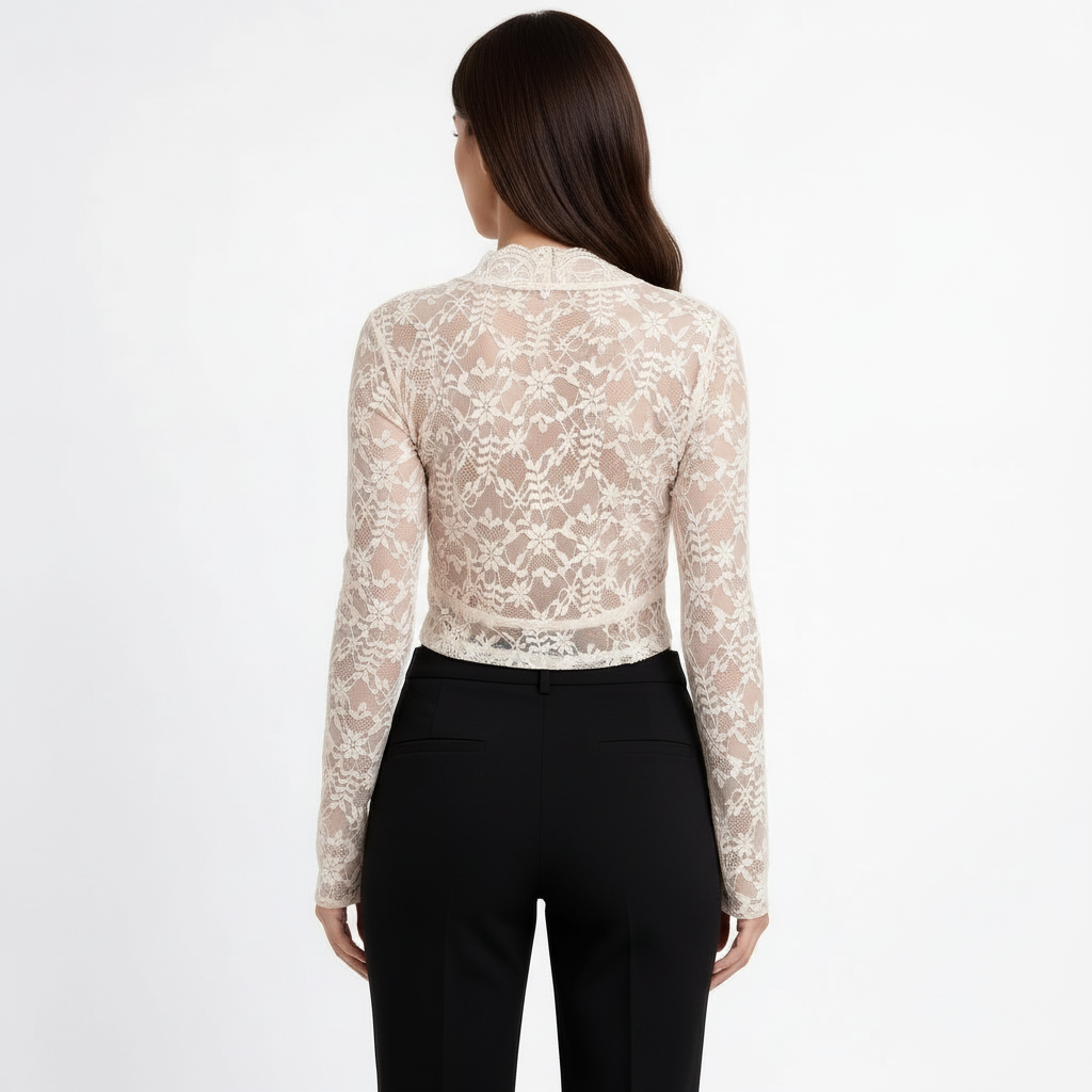Women's Long Sleeve Lace Top with Deep V-Neck
