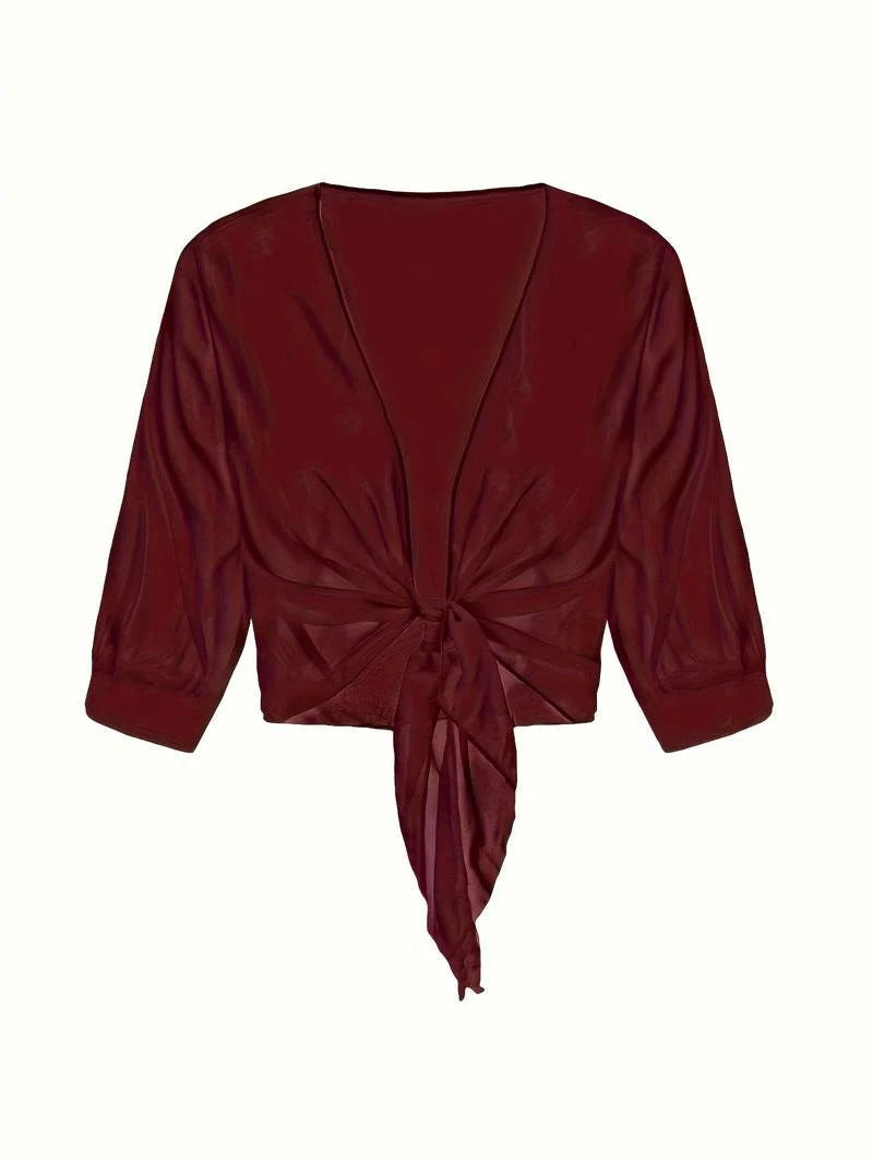 Brisa | Women's Tie Front Sheer Blouse Open Front 3/4 Sleeve Top