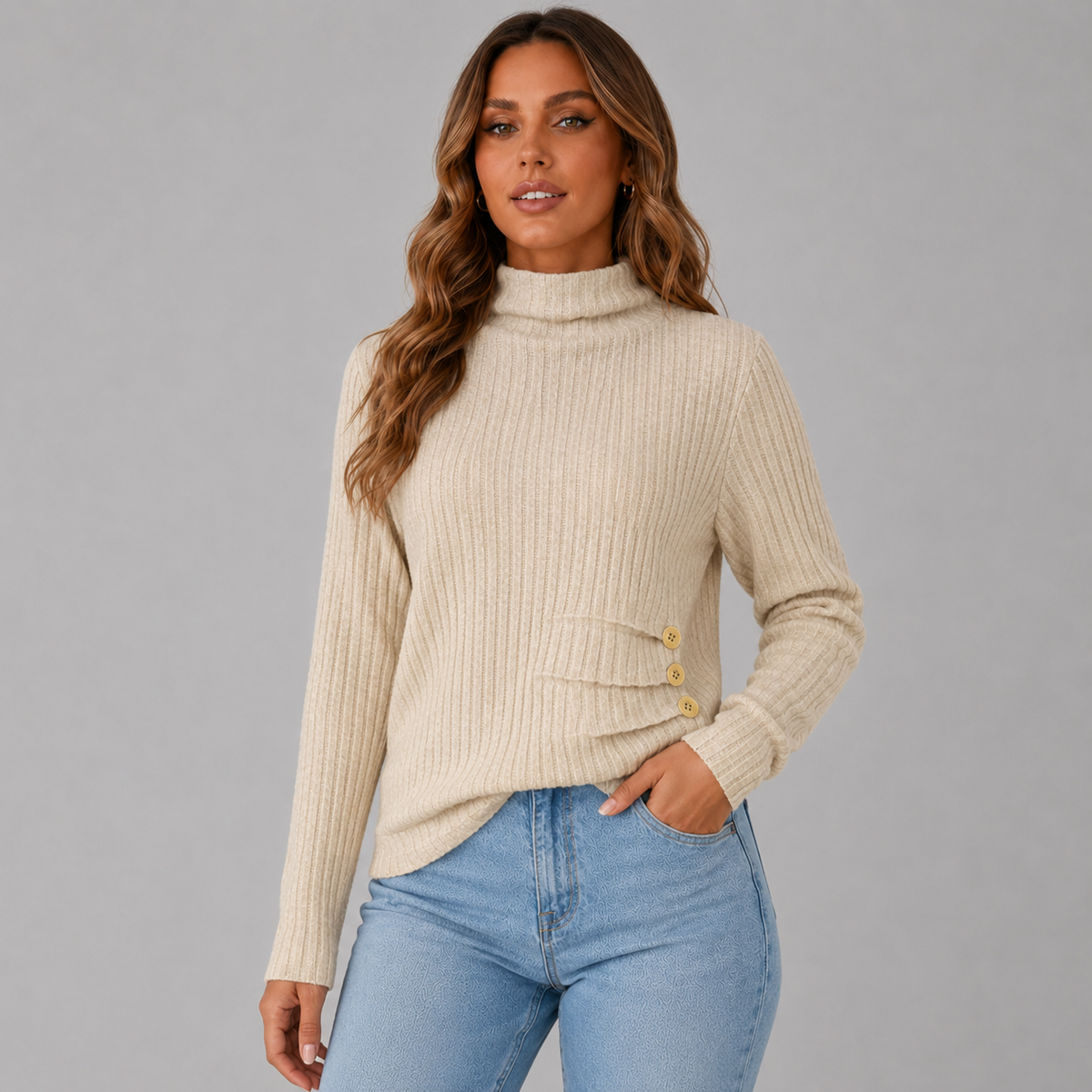 Wilhelmina-Belle Side Button Rib Turtleneck Image