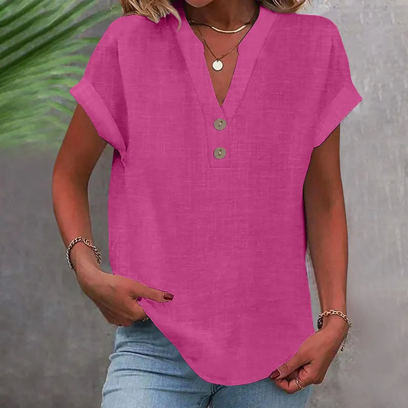 Wide Summer Blouse with V-Neck and Buttons – Short Sleeve and Timeless