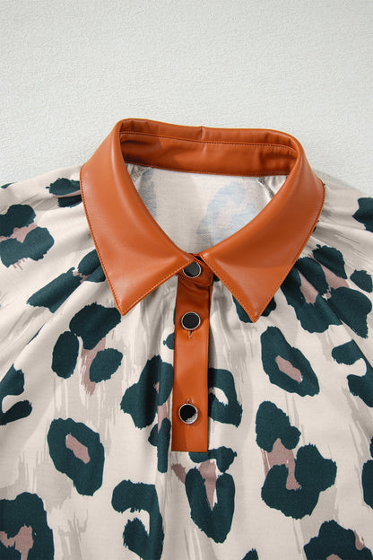 Casual Short-Sleeve Blouse with Leopard Print and Contrast Collar