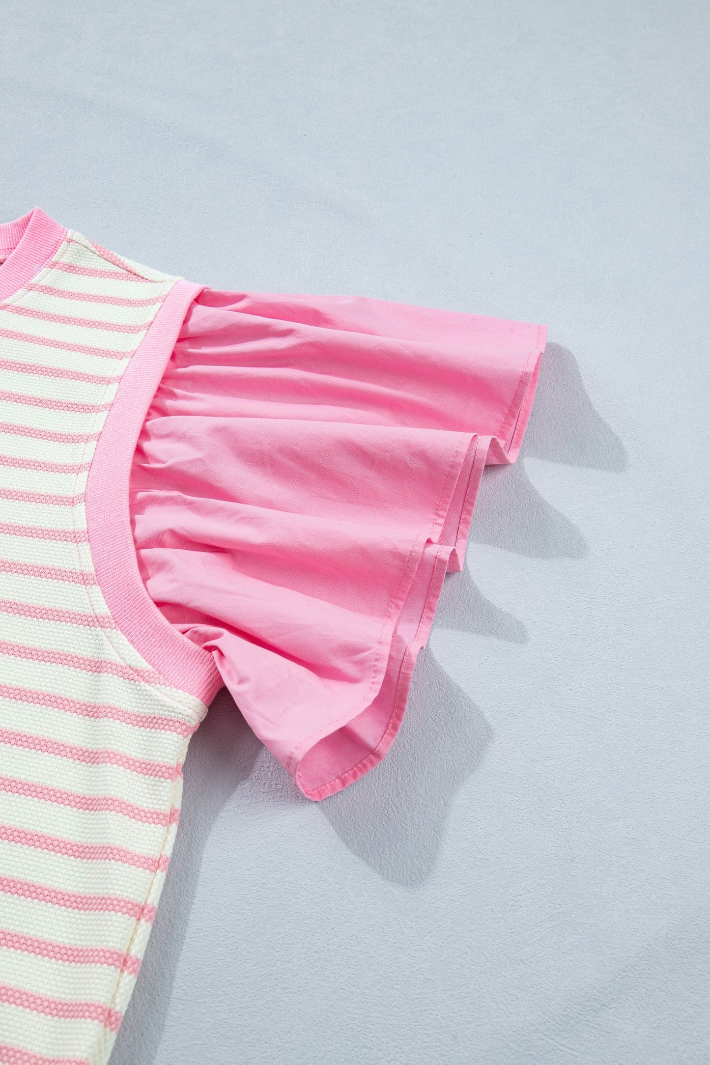 Pink Striped Blouse with Short Ruffled Sleeves and Patchwork
