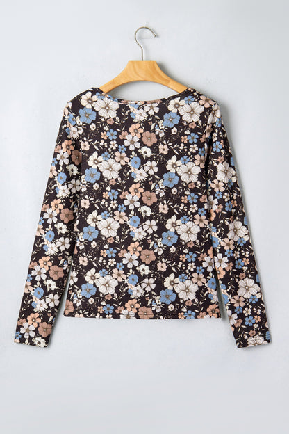 Slim Long Sleeve T-shirt with Black Floral Print