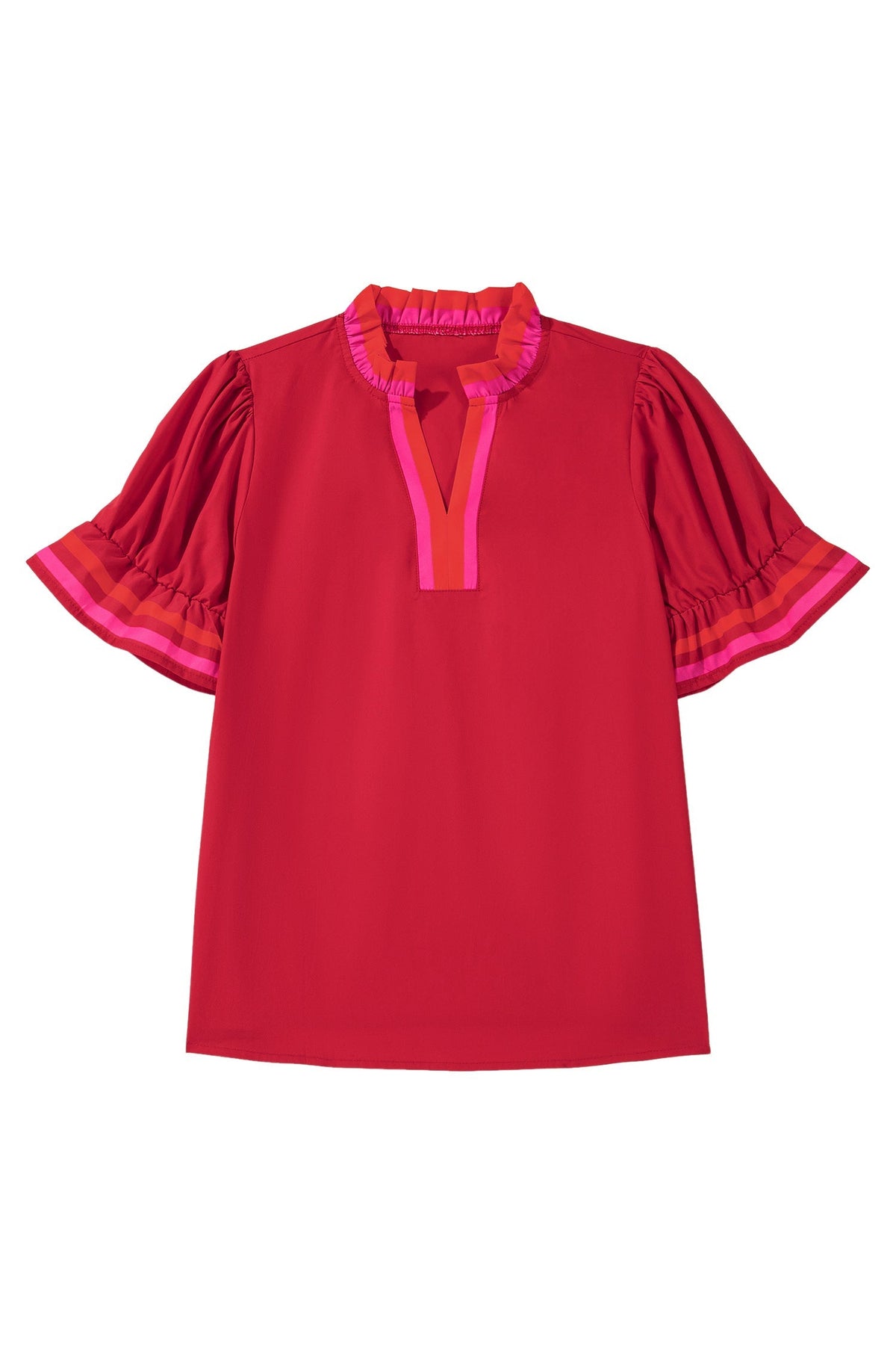 Fire red striped blouse with ruffled collar and short puffed sleeves