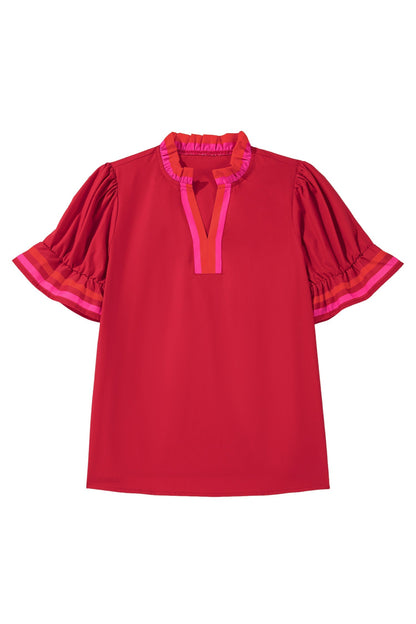 Fire red striped blouse with ruffled collar and short puffed sleeves