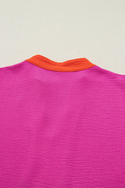 Wide Short Sleeve Top with V-Neck Color Block Red Pink