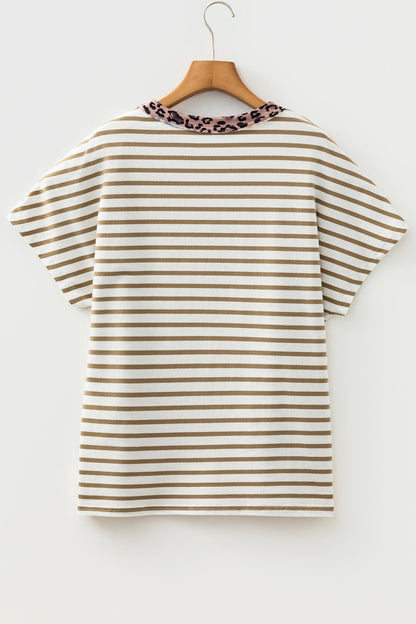 Wide crew neck T-shirt with khaki stripes and leopard patchwork
