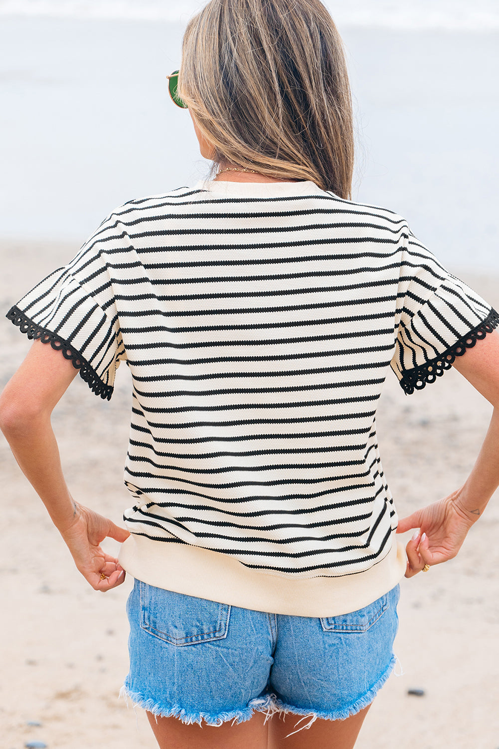 Black Striped Crew Neck Top with Scalloped Lace Trim and Short Ruffled Sleeves