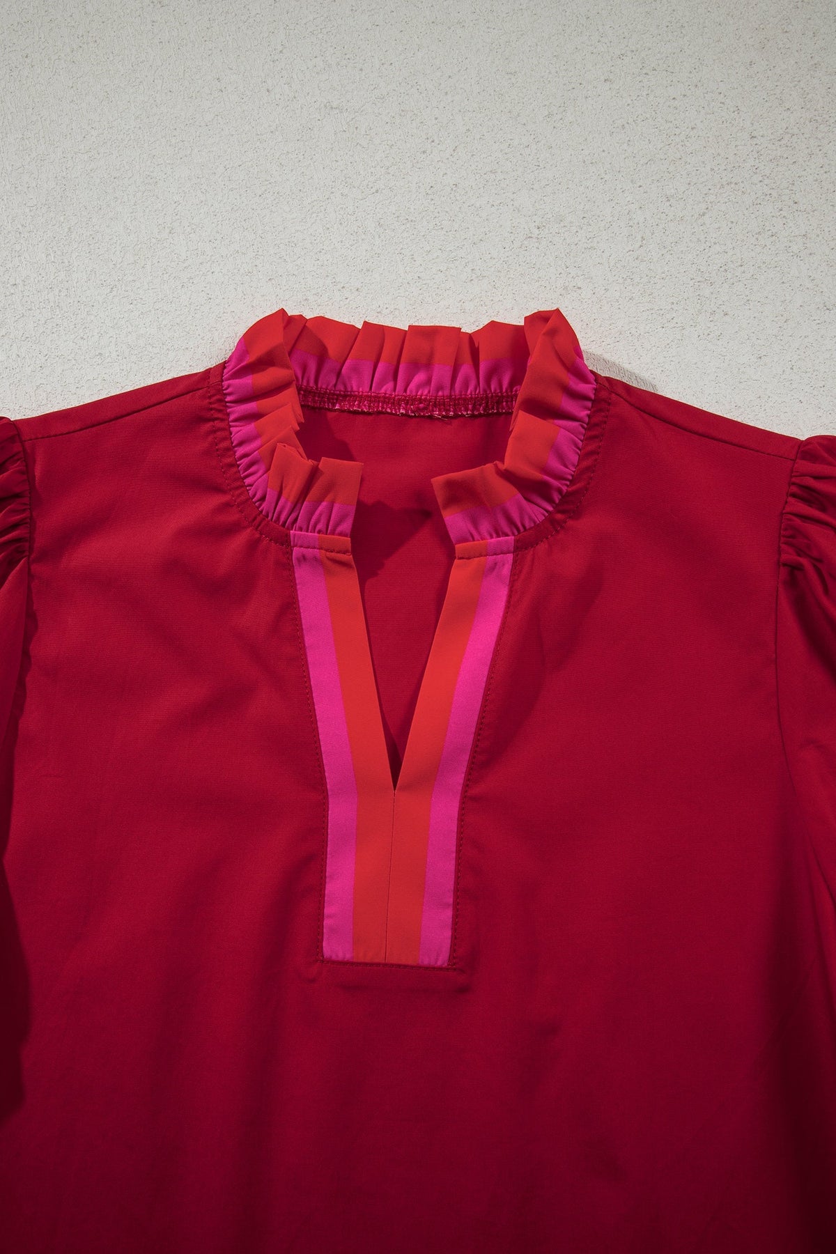 Fire red striped blouse with ruffled collar and short puffed sleeves