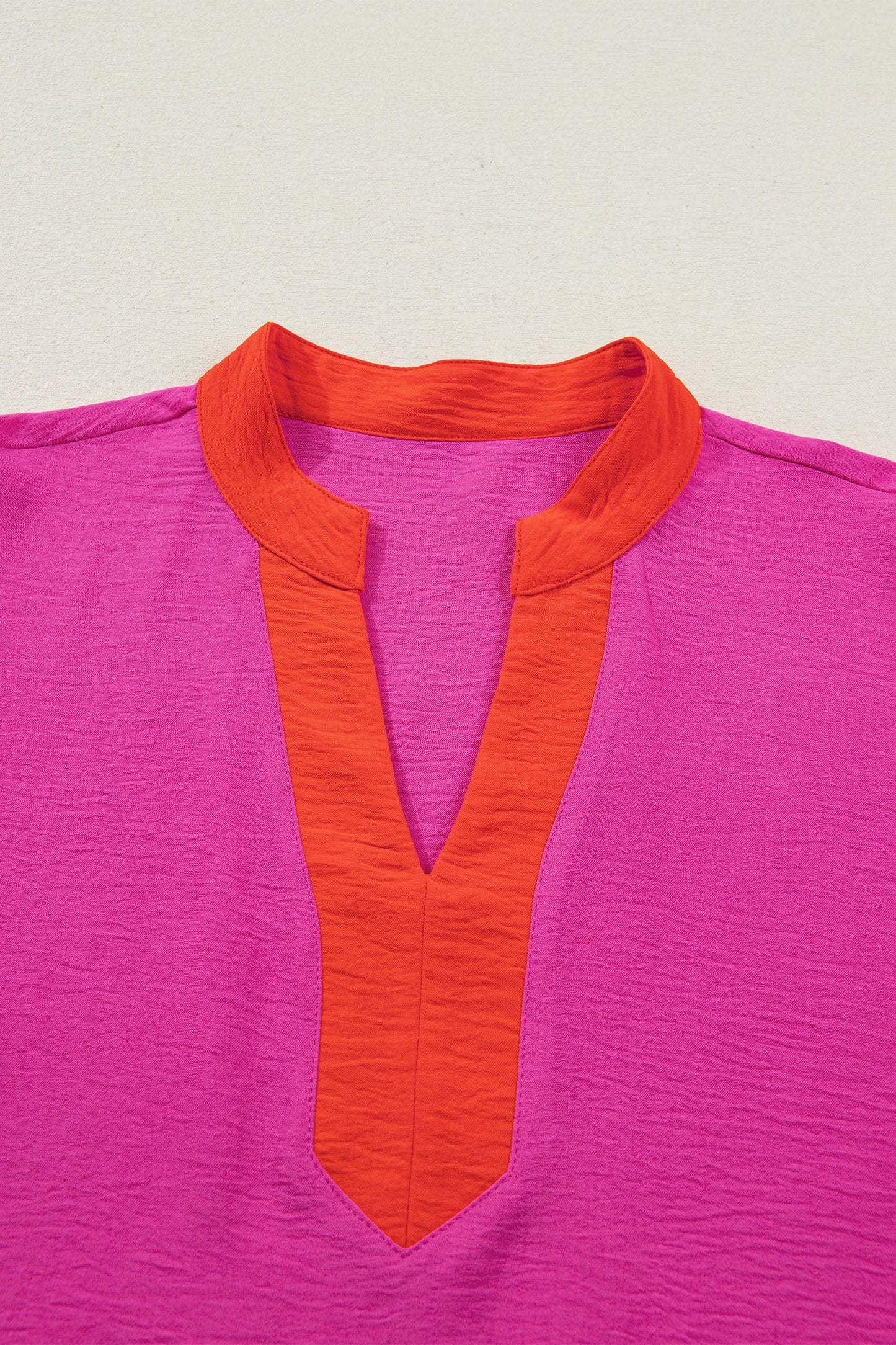 Wide Short Sleeve Top with V-Neck Color Block Red Pink