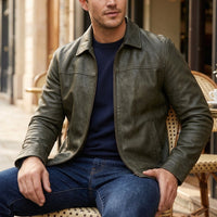Men's Faux-Leather Zip Jacket, Shirt-Collar Cool-Season Coat