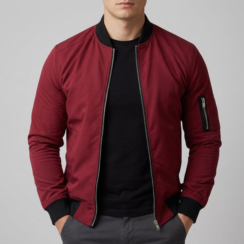 Men's Lightweight Woven Bomber Jacket, Rib Collar and Sleeve Zip