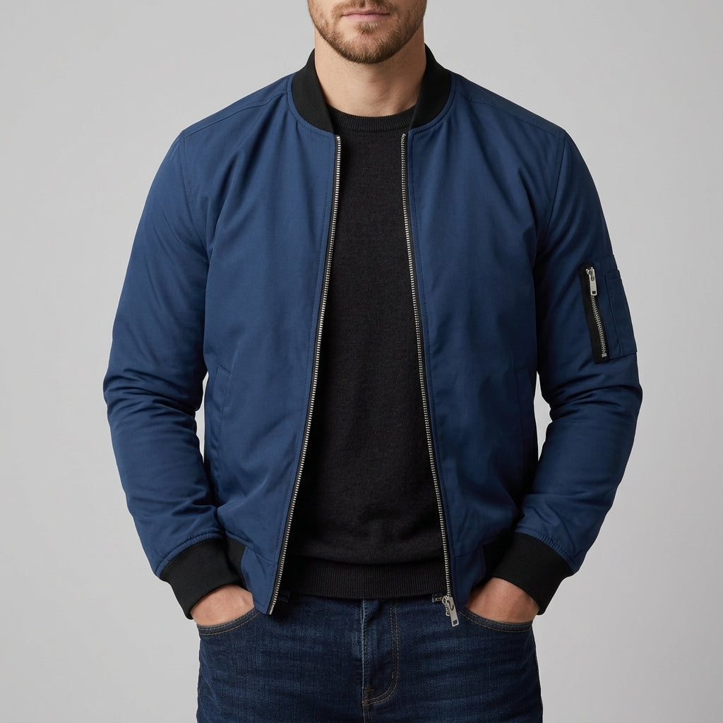 Men's Lightweight Woven Bomber Jacket, Rib Collar and Sleeve Zip