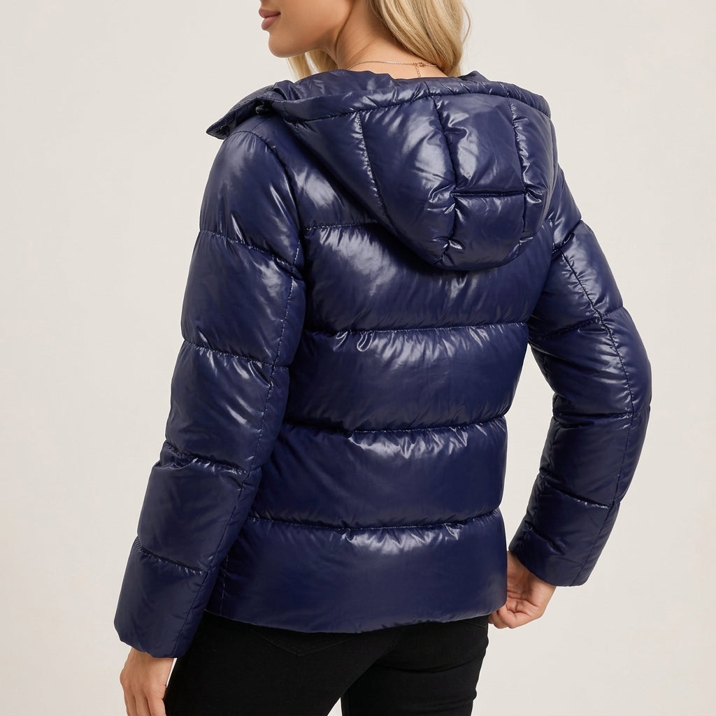 Puffer Jacket Glossy Polyester with Slim Fit and Zip Closure