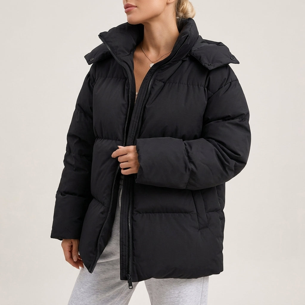 Down Jacket Oversized Hip-Length with Insulated Hood and Front Zip