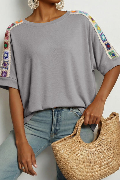 Wide T-shirt with Granny Square crochet detail