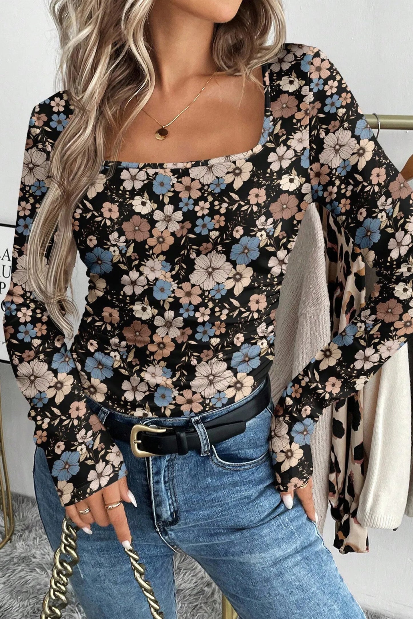 Slim Long Sleeve T-shirt with Black Floral Print