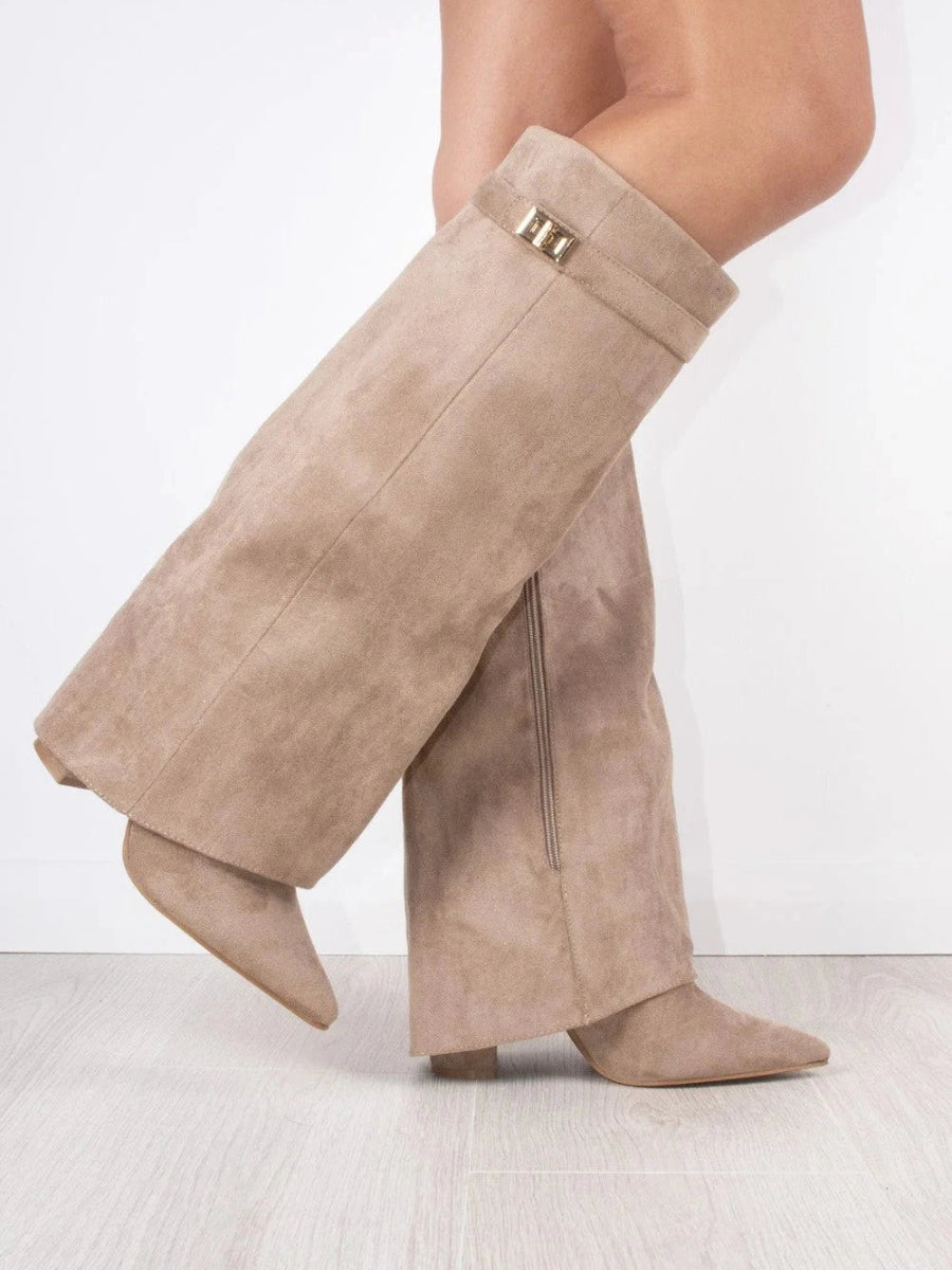 Women’s Faux Suede Fold-Over Boots – Golden Detail