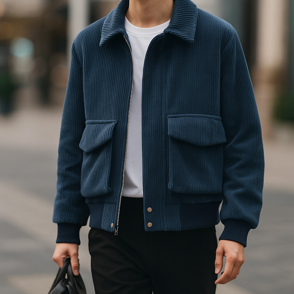 Men's Corduroy Zip Bomber Jacket, Cropped Flap-Pocket Coat