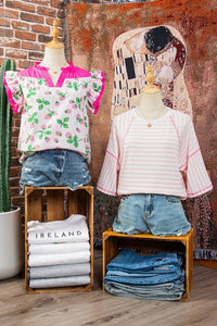 Long Striped Top in Structured Knit with Slit and Mid-Length Sleeves