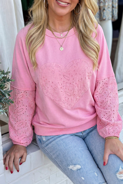 Pink Patchwork Top with Paisley Pattern, Valentine Hearts, and Long Sleeve English Embroidery