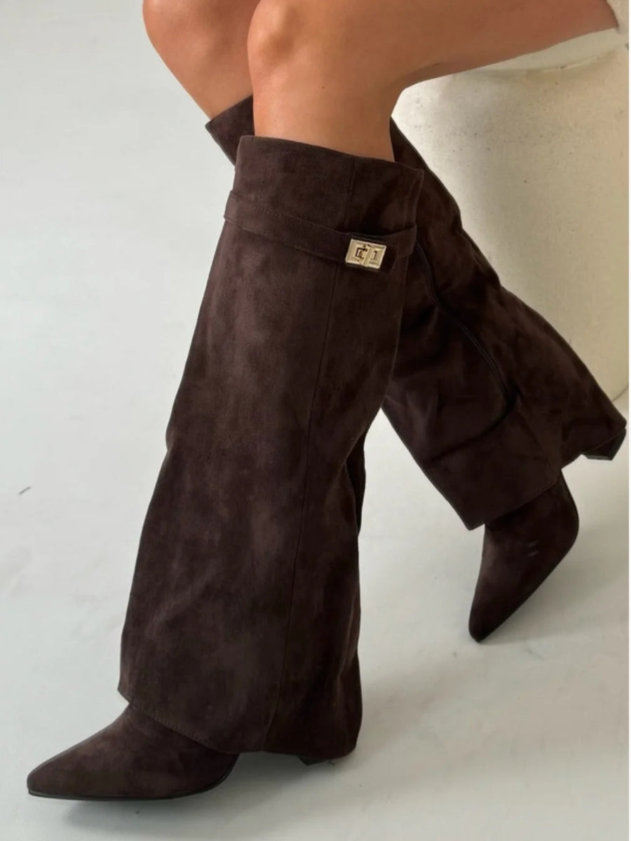 Women’s Faux Suede Fold-Over Boots – Golden Detail