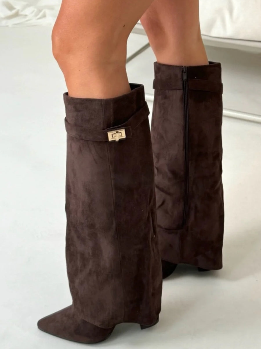 Women’s Faux Suede Fold-Over Boots – Golden Detail