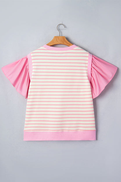 Pink Striped Blouse with Short Ruffled Sleeves and Patchwork