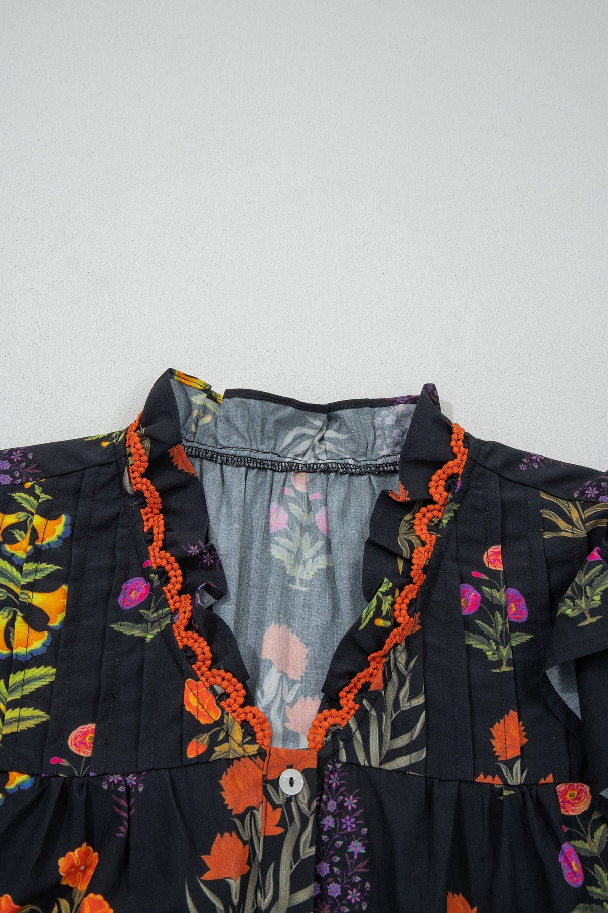Black Floral Shirt with Lace Trim and V-Neck with Ruffles