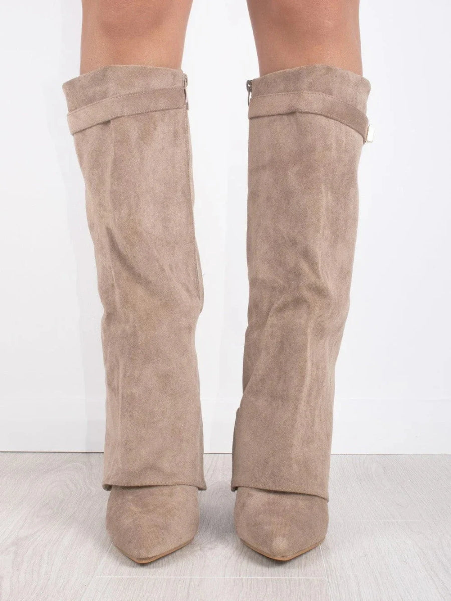 Women’s Faux Suede Fold-Over Boots – Golden Detail
