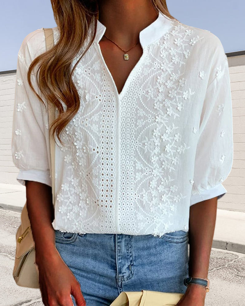 Women's Blouse – V-Neck Top with Puff Sleeves, Cotton Blend and Patchwork Details