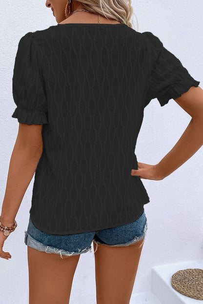 Solid Color Textured Blouse with V-Neck and Puff Sleeves