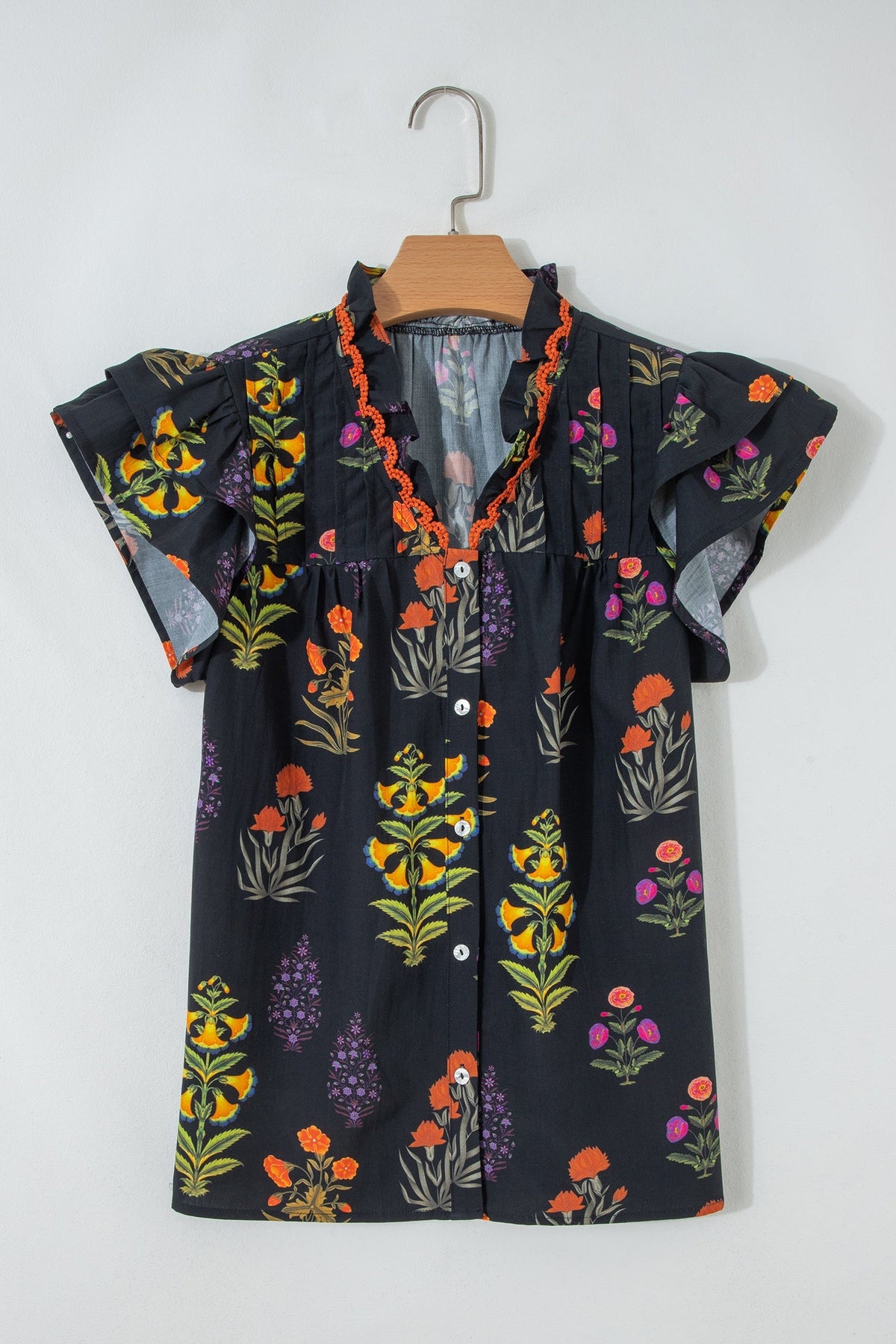 Black Floral Shirt with Lace Trim and V-Neck with Ruffles