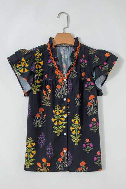 Black Floral Shirt with Lace Trim and V-Neck with Ruffles