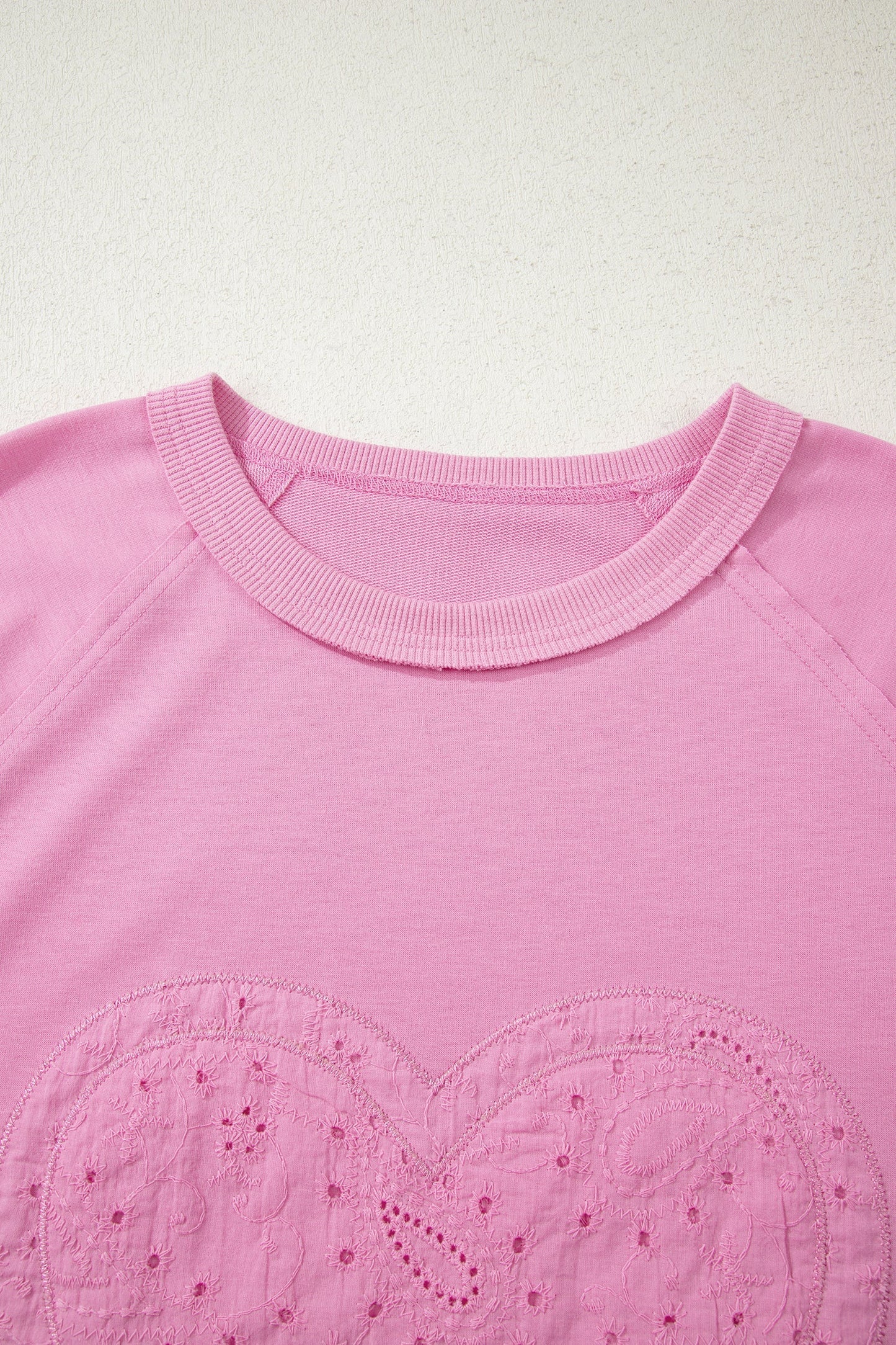 Pink Patchwork Top with Paisley Pattern, Valentine Hearts, and Long Sleeve English Embroidery