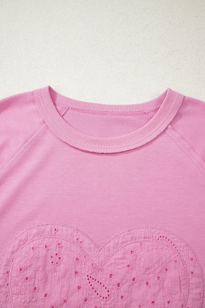 Pink Patchwork Top with Paisley Pattern, Valentine Hearts, and Long Sleeve English Embroidery
