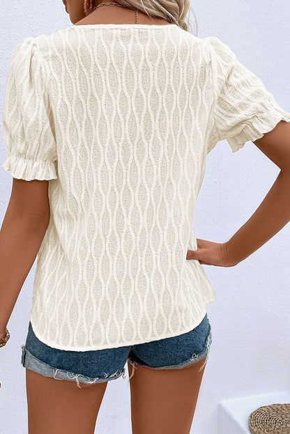 Solid Color Textured Blouse with V-Neck and Puff Sleeves