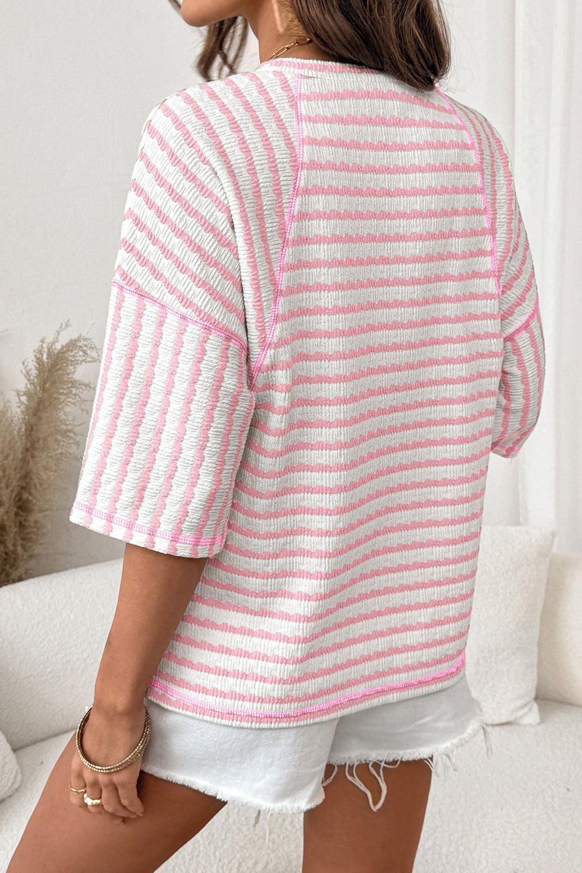 Long Striped Top in Structured Knit with Slit and Mid-Length Sleeves