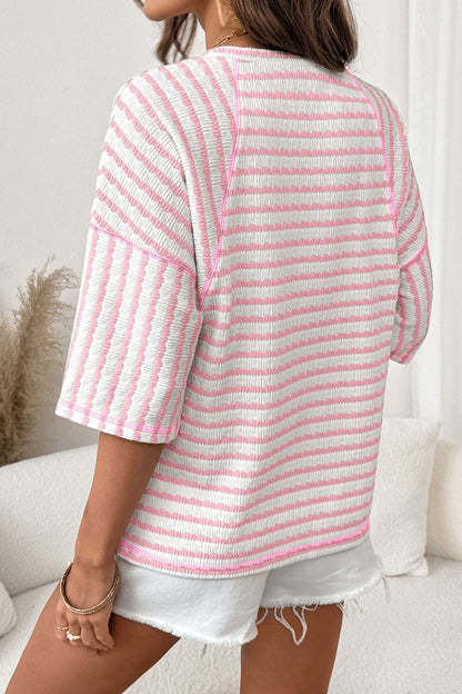 Long Striped Top in Structured Knit with Slit and Mid-Length Sleeves