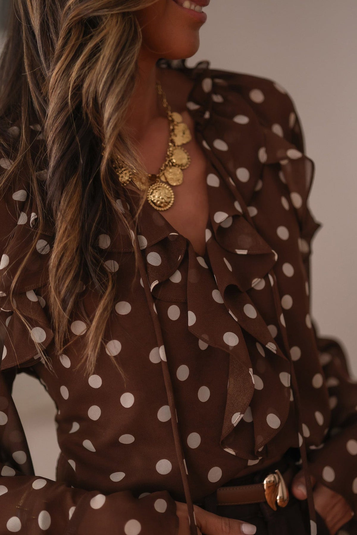 Polka Dot Blouse with Ruffles, V-Neck, and Bell Sleeves - Coffee