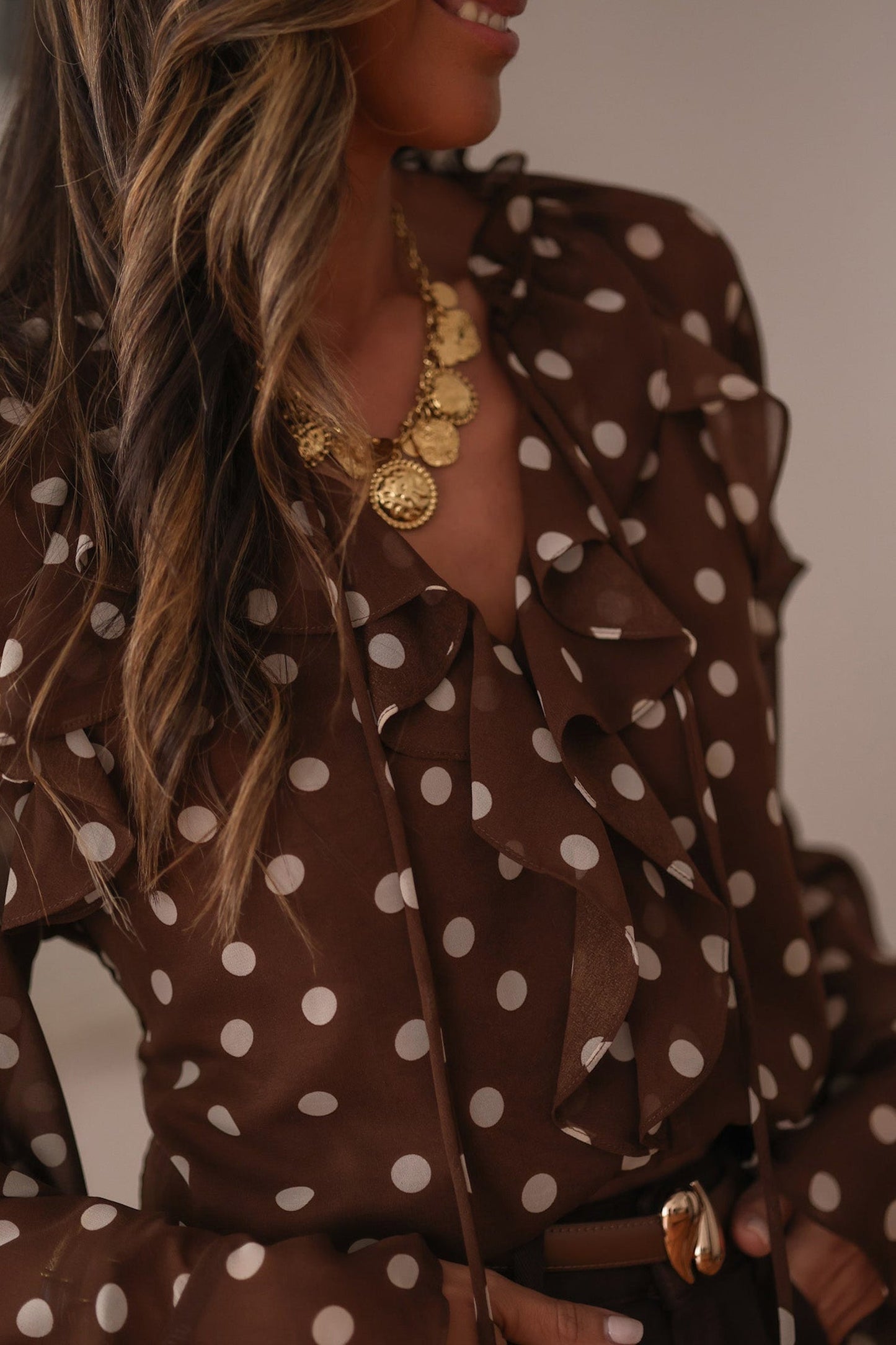 Polka Dot Blouse with Ruffles, V-Neck, and Bell Sleeves - Coffee