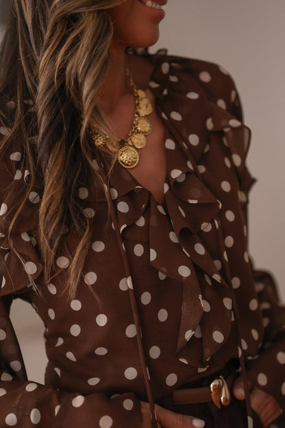 Polka Dot Blouse with Ruffles, V-Neck, and Bell Sleeves - Coffee