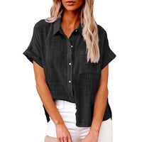 Julia Margaux – Summer linen blouse with a loose fit and draped neckline