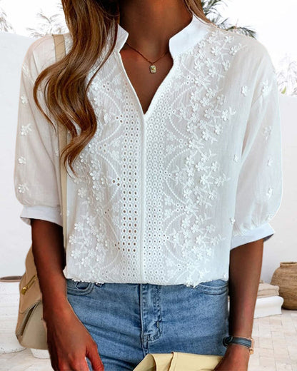 Women's Blouse Amélie – V-Neck Top with Puff Sleeves, Cotton Blend and Patchwork Details