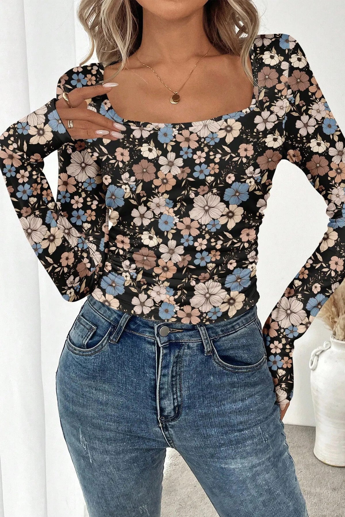 Slim Long Sleeve T-shirt with Black Floral Print