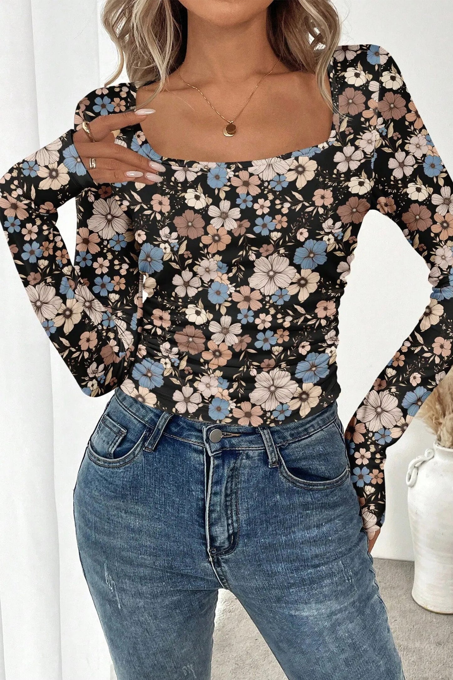 Slim Long Sleeve T-shirt with Black Floral Print