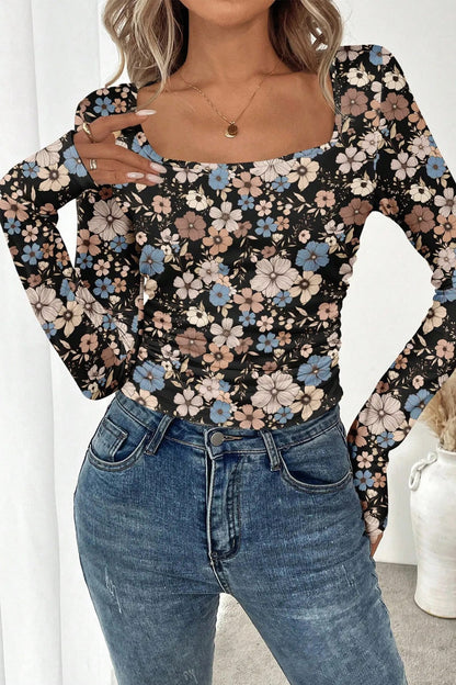 Slim Long Sleeve T-shirt with Black Floral Print