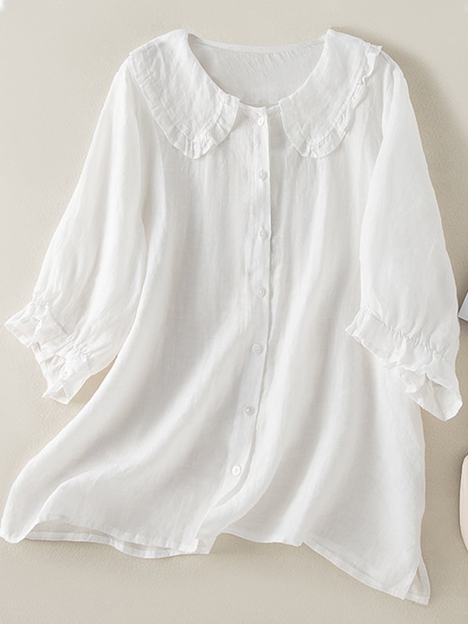 Jillian Women's Shirt – Loose Cotton and Linen Shirt with Chic Peter Pan Collar and Ruffles