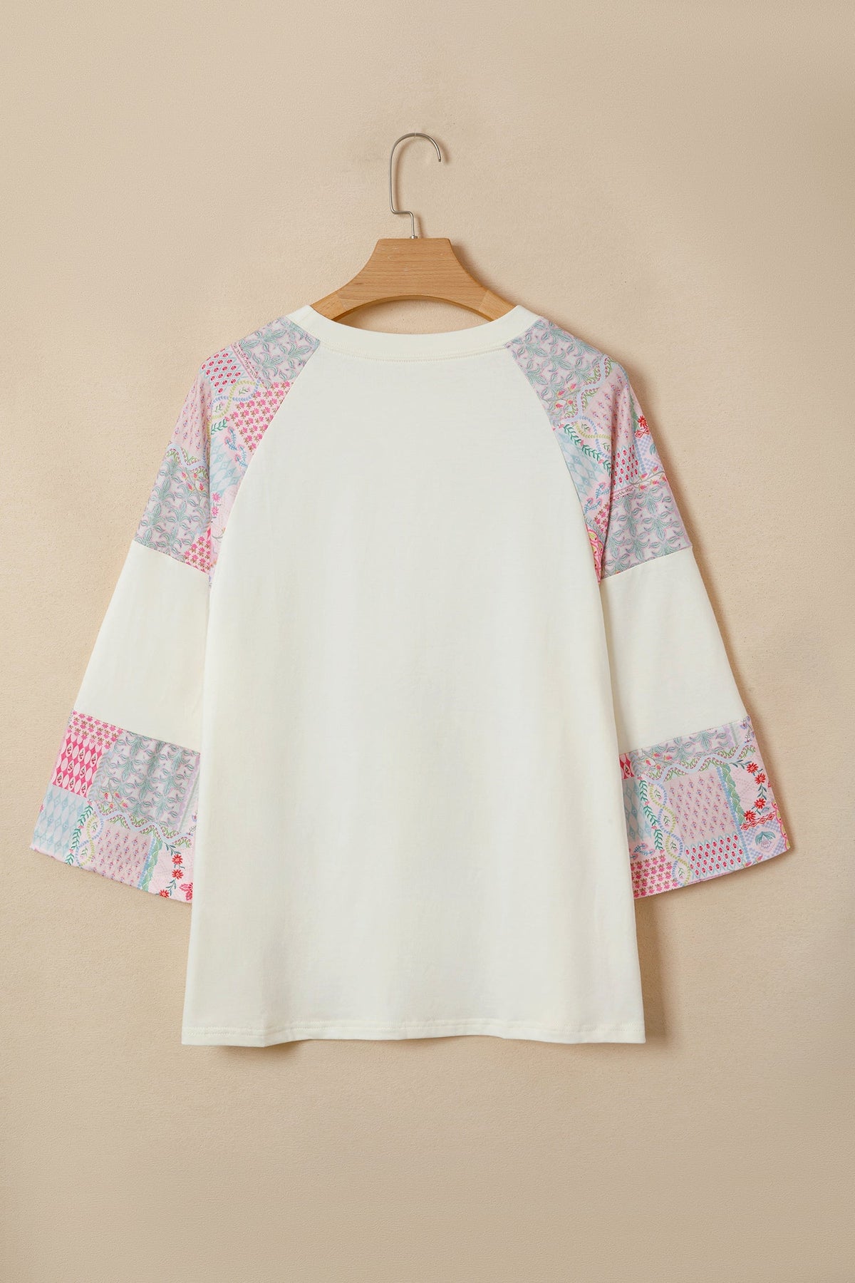 Beige Long-Sleeve Top with Retro Floral Patchwork and Color Block